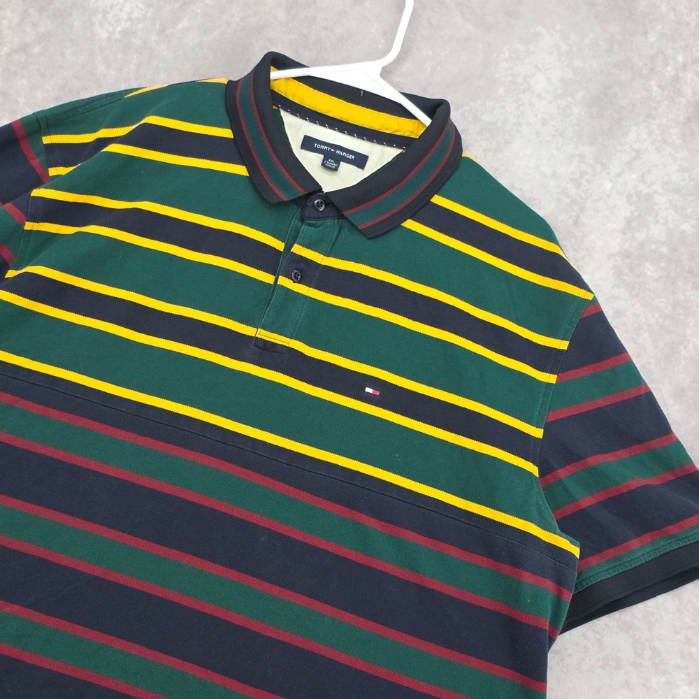 Tommy Hilfiger Striped Polo Shirt Mens XXL Green Navy Yellow Pique Short Sleeve
